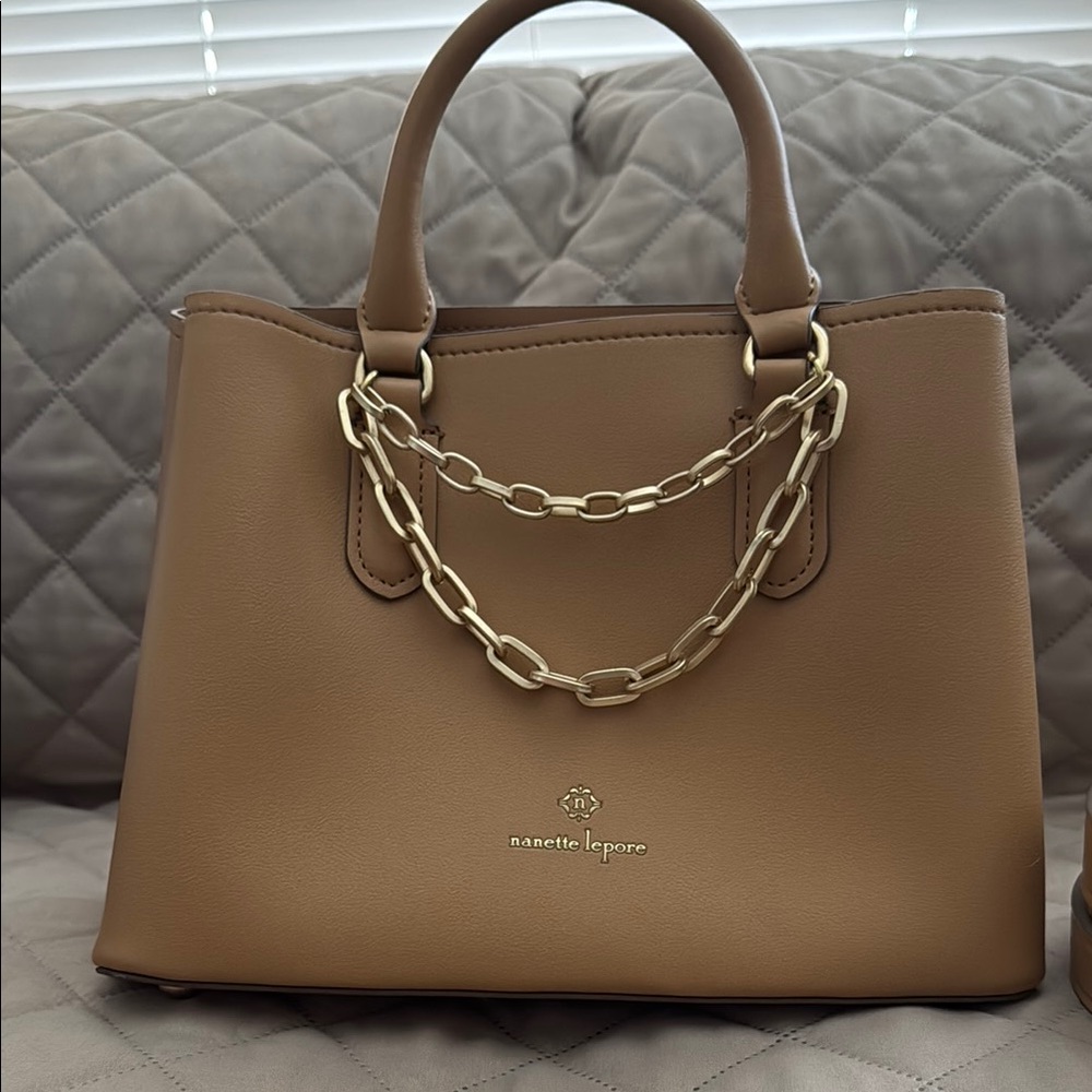Nanette Lepore Tan Quilted Satchel with Gold Chain